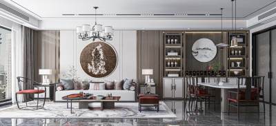 新中式客餐厅 沙发茶几组合 沙发背景墙 餐厅 西餐台 单椅 餐桌椅 吊灯